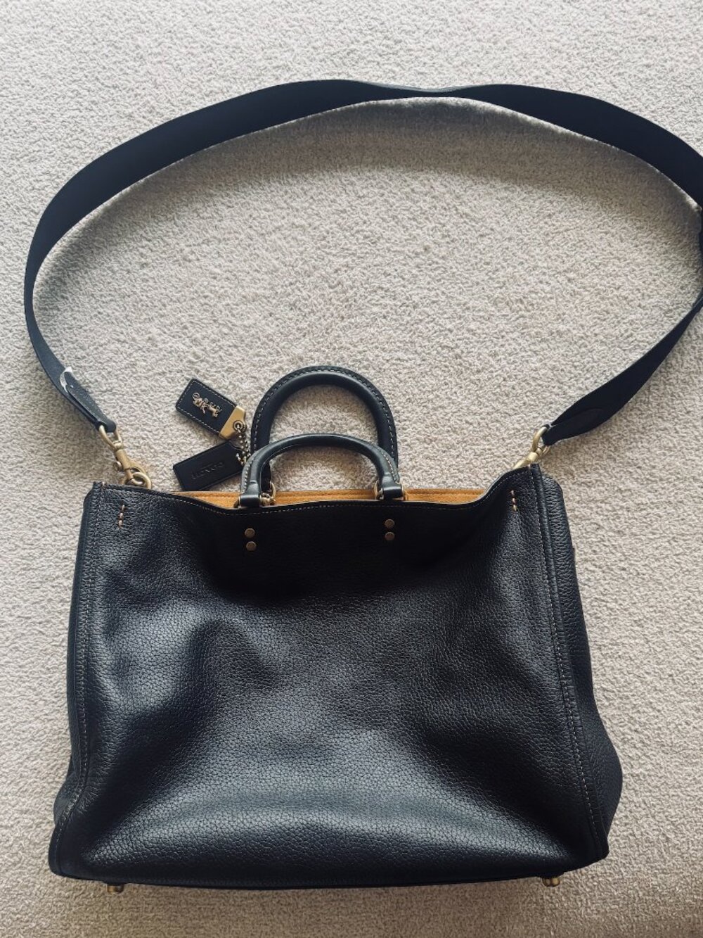 Coach Rogue Bag 39 In Black Leather/Brass Hardware & Crossbody Strap